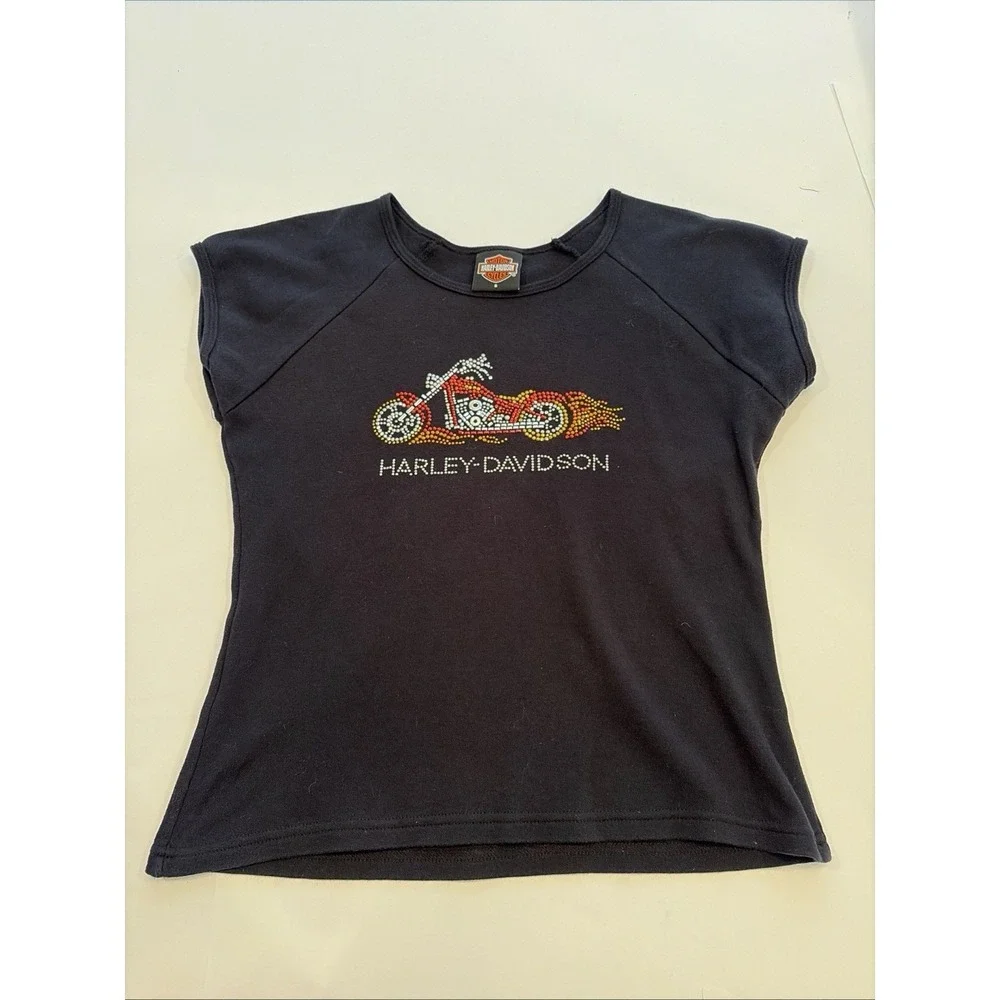 Vintage Harley Davidson Womens L Black Beaded RHINESTONE‎ Mortorcycle RARE